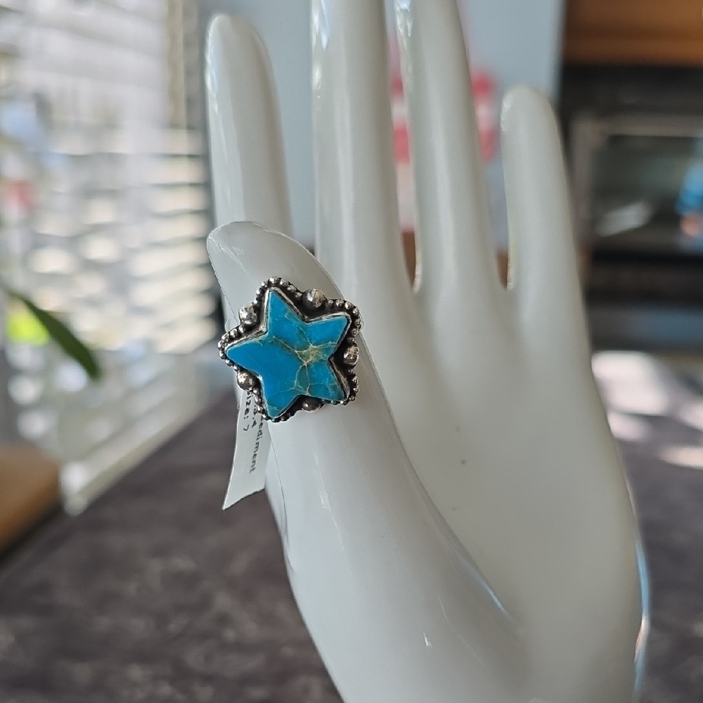 925 Sterling Silver~Star Shaped Blue Sediment Ring~Sz 7